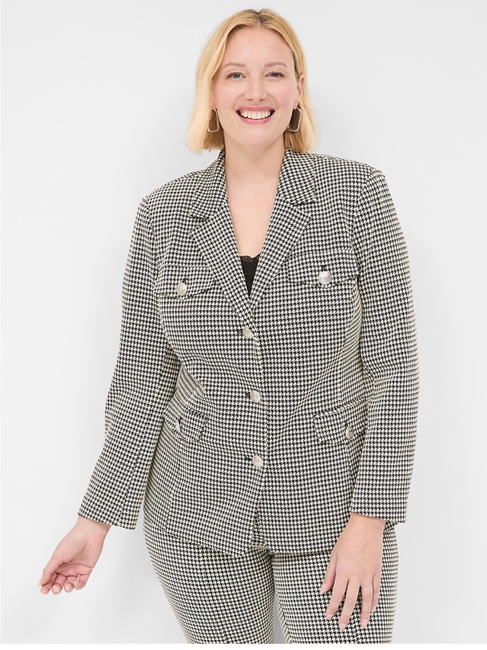 Lane Bryant Women's 18 Houndstooth Blazer Black White Crest Button Jacket Office